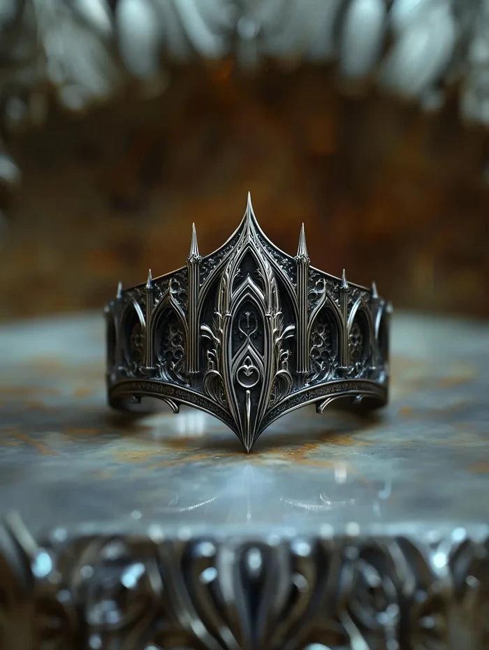 Gothic cathedral crown ring — Dark Academia statement piece with architectural negative space