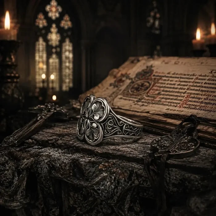 Gothic quatrefoil clover ring displayed in a candlelit gothic scene with an antique manuscript