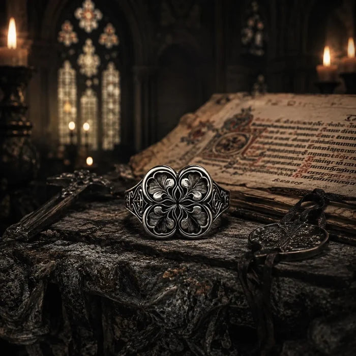 Gothic clover ring close angle — oxidized sterling silver quatrefoil engraving beside candlelight