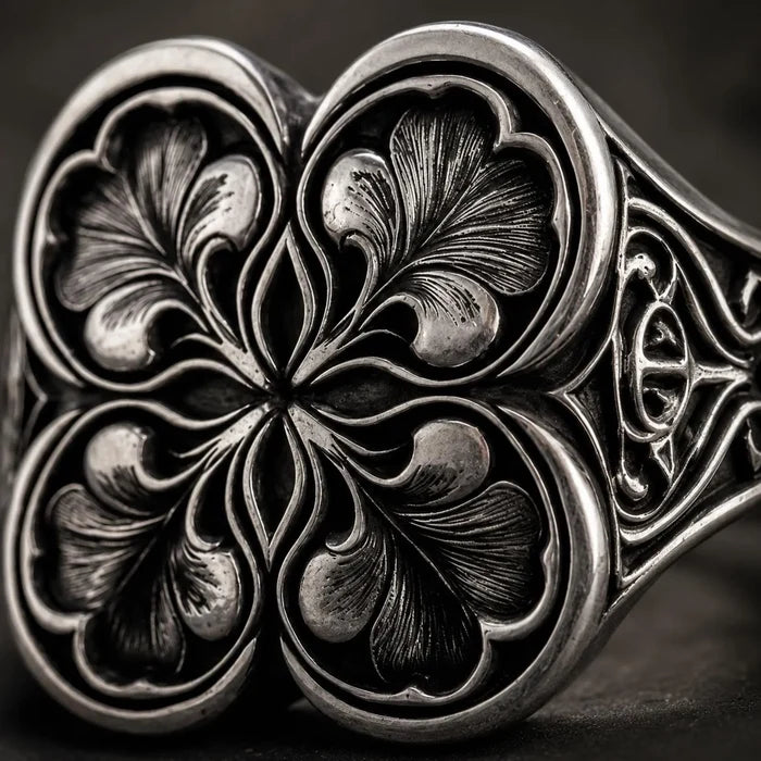 Macro detail of gothic clover ring — hand-engraved quatrefoil leaves in oxidized sterling silver