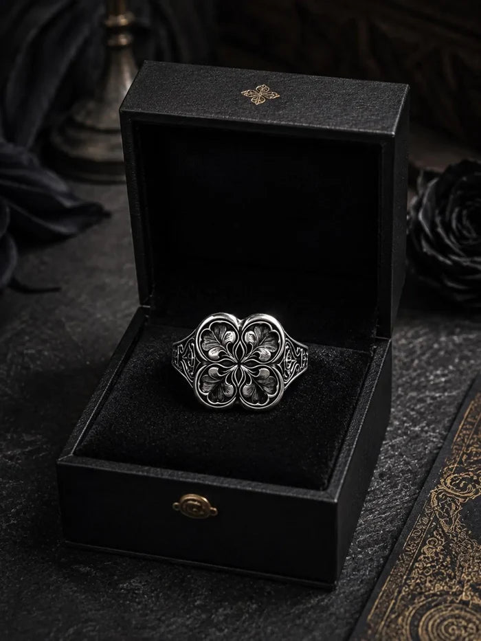 Gothic clover ring presented in a black jewelry box — sterling silver quatrefoil statement ring