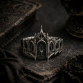 Gothic 925 sterling silver coronet ring — castle filigree crown front view, deep oxidized patina