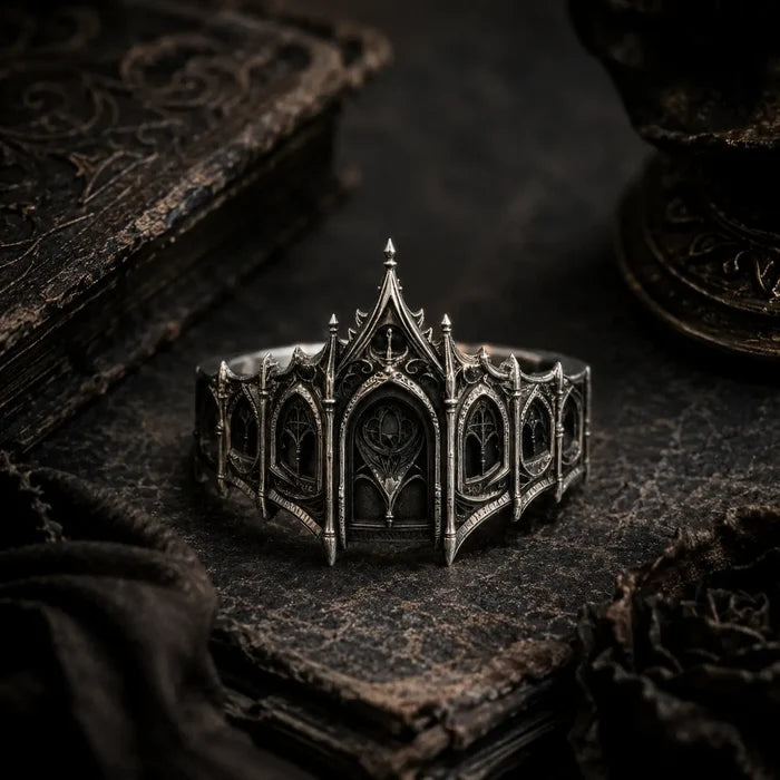 Gothic 925 sterling silver coronet ring — castle filigree crown front view, deep oxidized patina