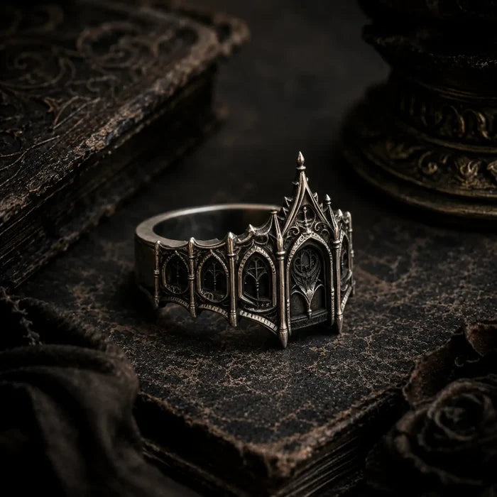 Gothic coronet ring side angle — castle facade silhouette in oxidized 925 sterling silver