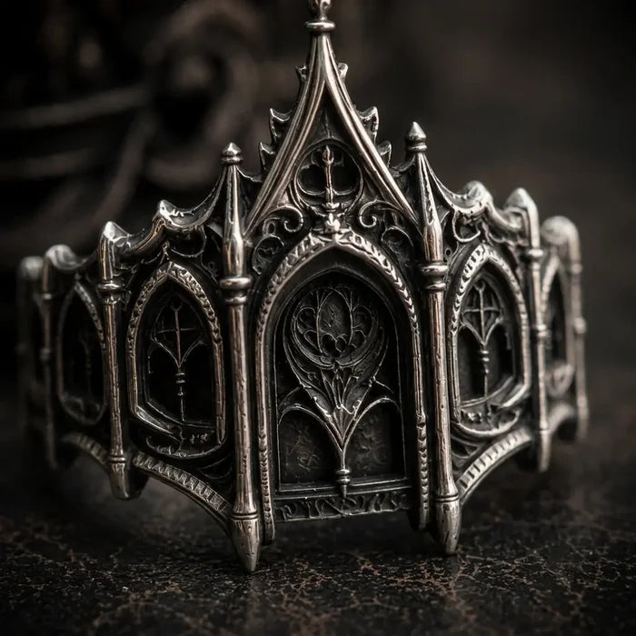 Close-up of gothic coronet ring — carved pointed arches and pinnacles, hand-oxidized silver
