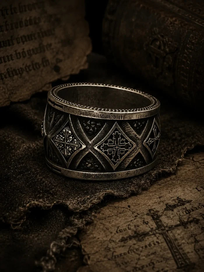 Wide band gothic ring — historic diamond matrices and gothic cross relief in 925 oxidized silver