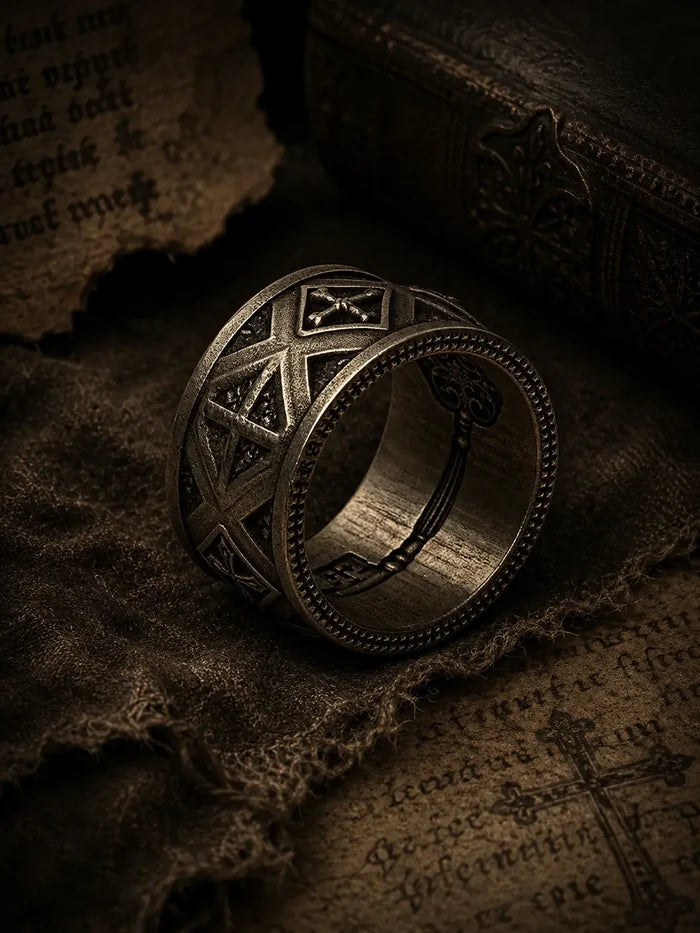 Gothic cross ring side profile — hand-oxidized chiaroscuro contrast and 12th-century cloister band design