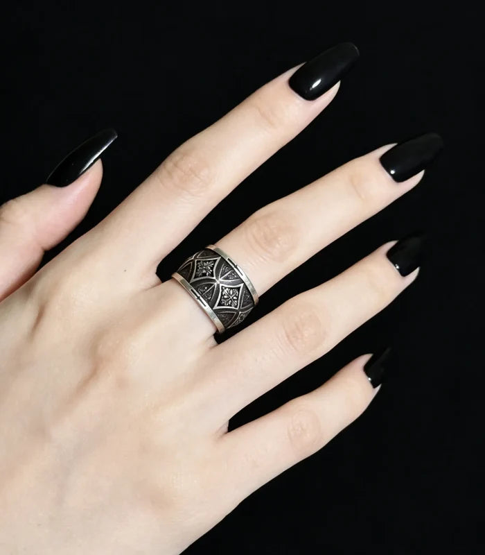 Gothic cross armor band worn — Dark Academia alternative bridal statement ring for men and women
