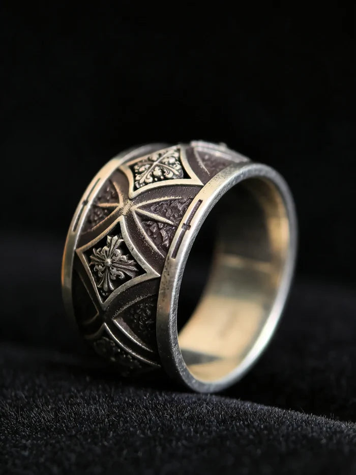 Mens gothic wide band ring — sterling silver cross armor band with comfort-fit interior, sizes 4–13
