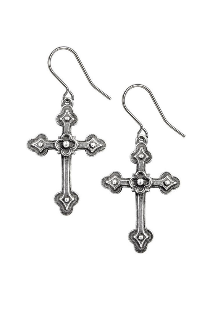 Pair of silver cross earrings on a white background