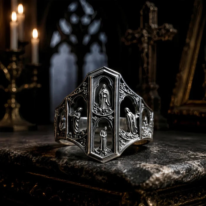 Gothic Saints Prayer signet ring in oxidized 925 sterling silver, carved cathedral arches with saint reliefs, on a dark altar