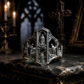Gothic Saints Prayer signet ring in oxidized 925 sterling silver, carved cathedral arches with saint reliefs, on a dark altar