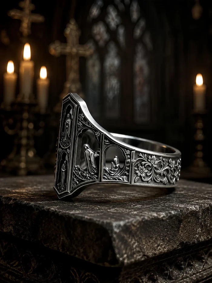 Close-up of hand-carved saint figures in Gothic arched niches on the Saints Prayer sterling silver ring