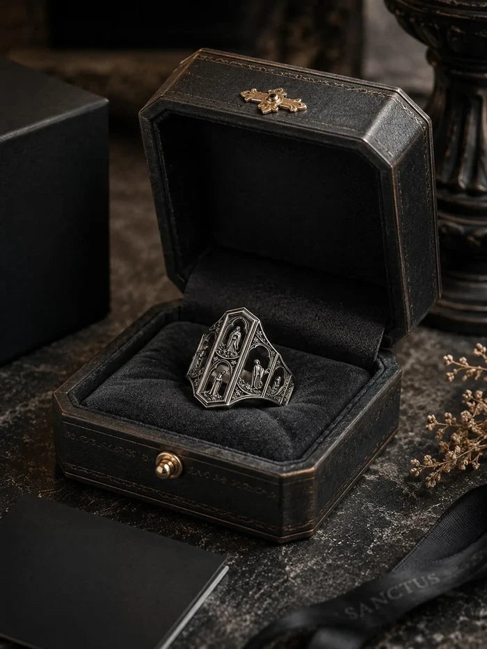 Saints Prayer Gothic signet ring presented in a black Sanctus ring box with a gold cross