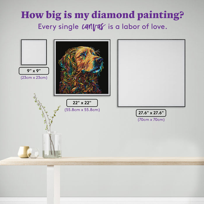 Diamond Painting Gus the Golden Retriever 22" x 22" (55.8cm x 55.8cm) / Round with 48 Colors including 3 ABs and 1 Fairy Dust Diamonds / 39,601