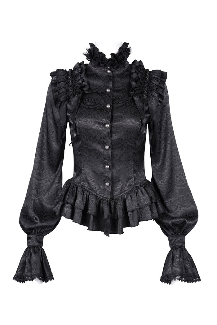 Black Victorian-style blouse with ruffled details on a white background