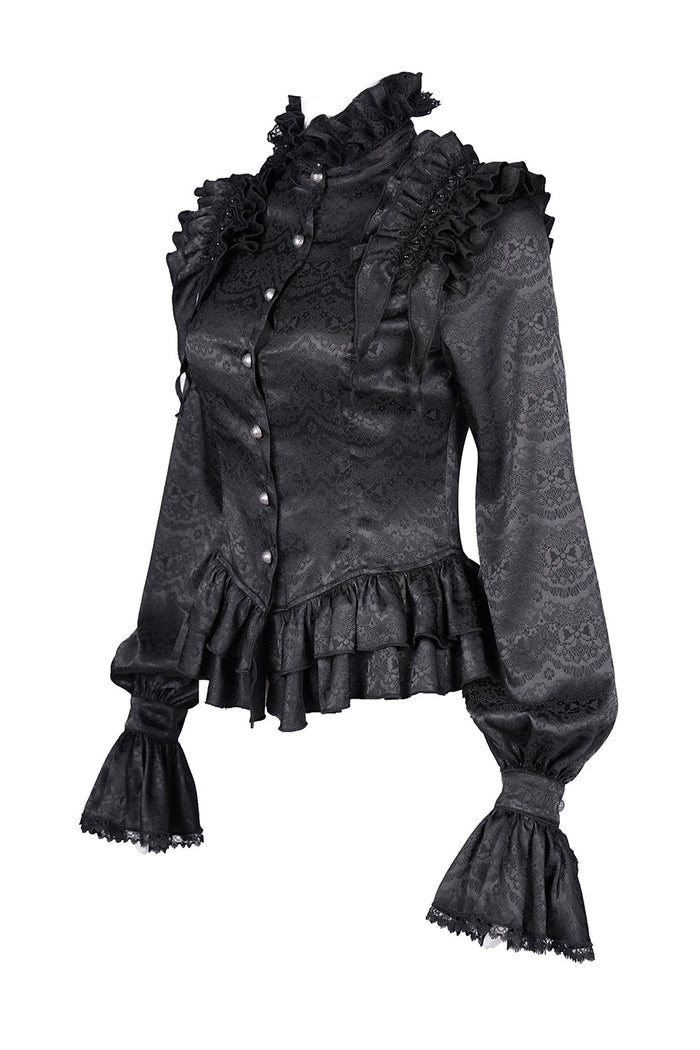 Black gothic-style button-down shirt with ruffled details on a white background