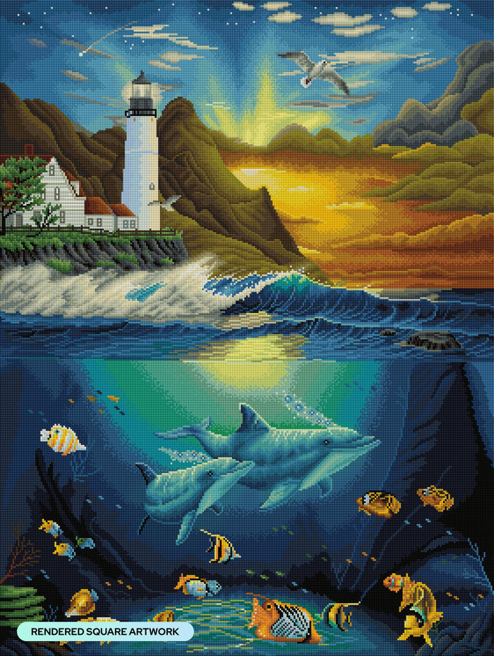 Diamond Painting Heavenly Passage Lighthouse 27.6" x 36.6" (70cm x 93cm) / Square with 64 Colors including 2 ABs and 3 Fairy Dust Diamonds / 104,813