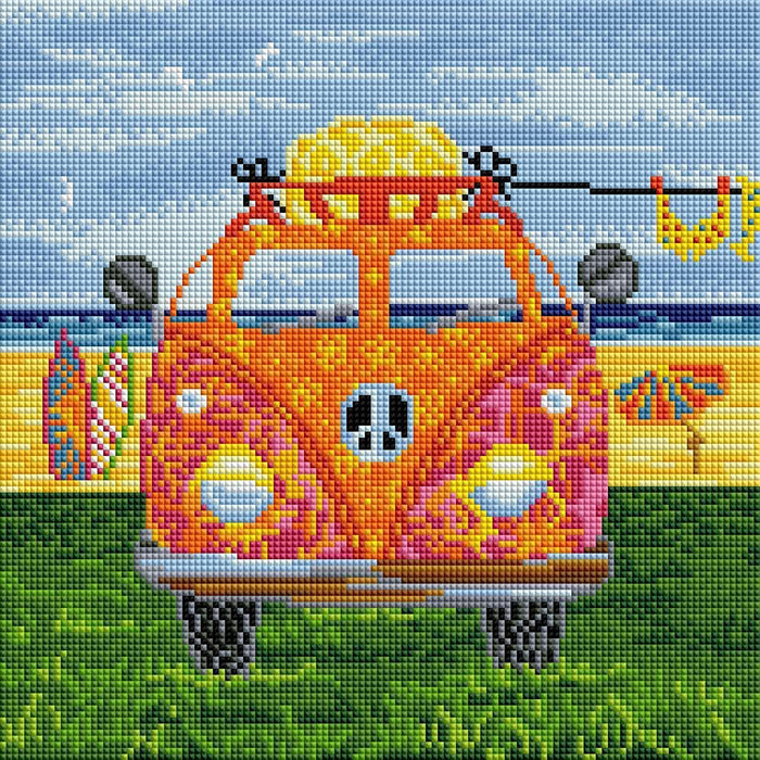 Diamond Painting Hippy Van Orange Square With 32 Colors / 12.6″ x 12.6″ (32cm x 32cm) / 15,625