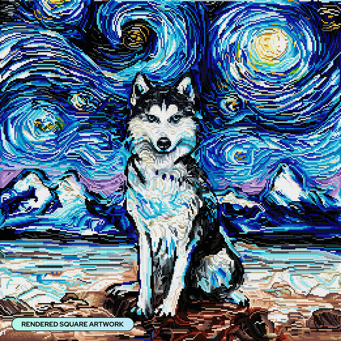 Diamond Painting Husky Night 25.6" x 25.6" (65cm x 65cm) / Square with 48 Colors including 2 ABs and 2 Fairy Dust Diamonds / 68,121