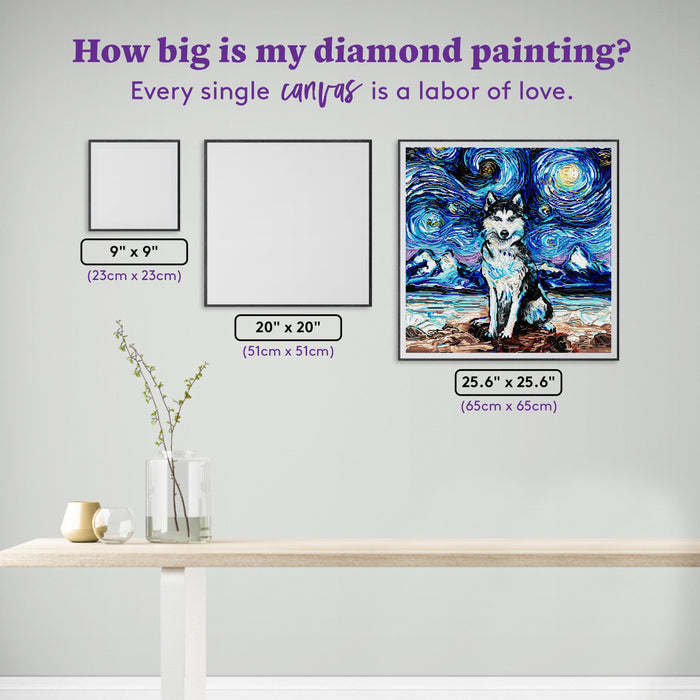 Diamond Painting Husky Night 25.6" x 25.6" (65cm x 65cm) / Square with 48 Colors including 2 ABs and 2 Fairy Dust Diamonds / 68,121