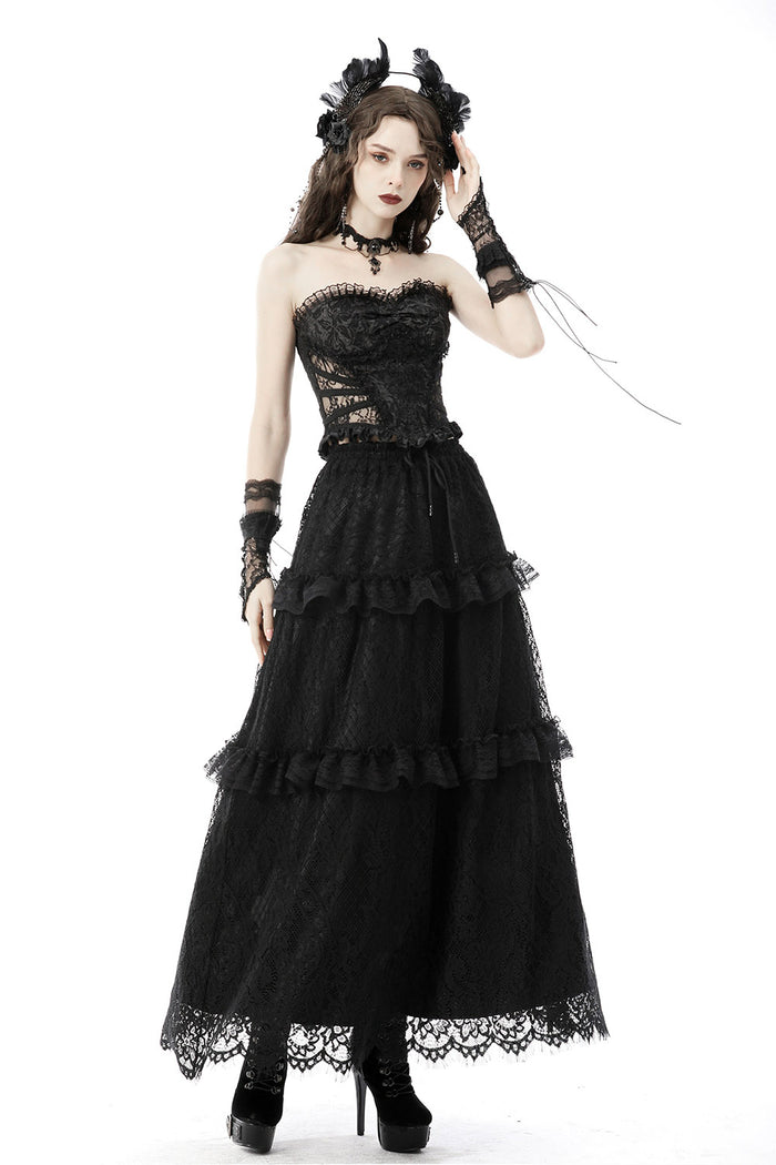 black high rise gothic long lace skirt
