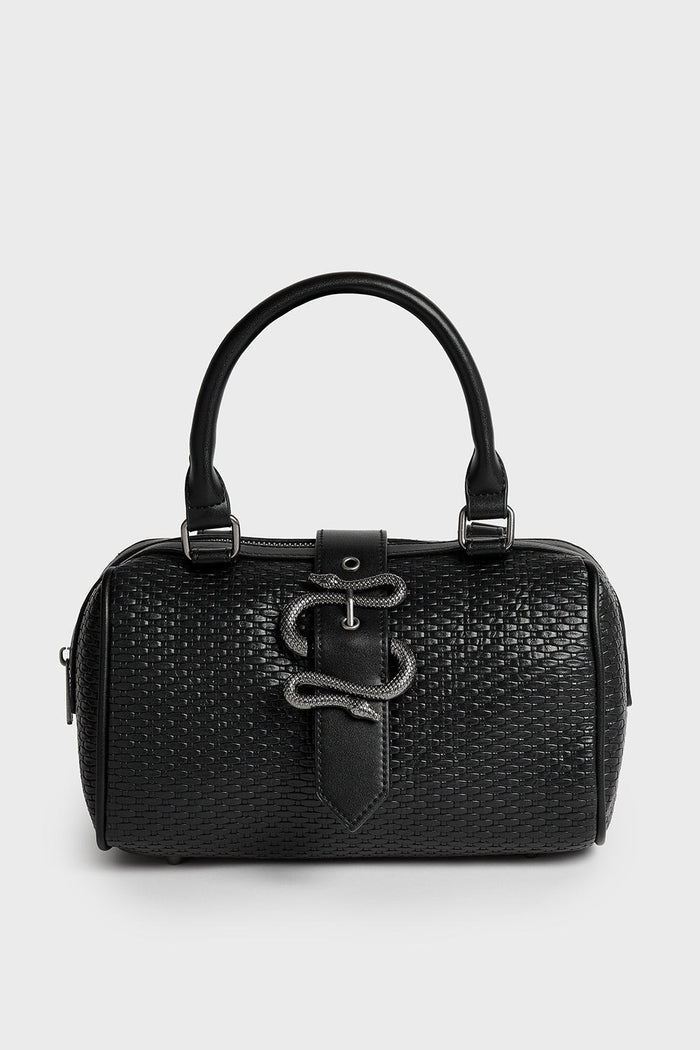 small black bucket bag with snake charm