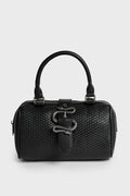 small black bucket bag with snake charm