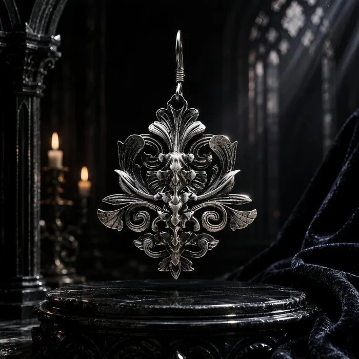 Spine motif dangle earring in oxidized sterling silver, hanging close-up