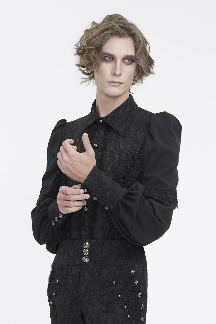 puff sleeve trad goth mens damask button-up shirt