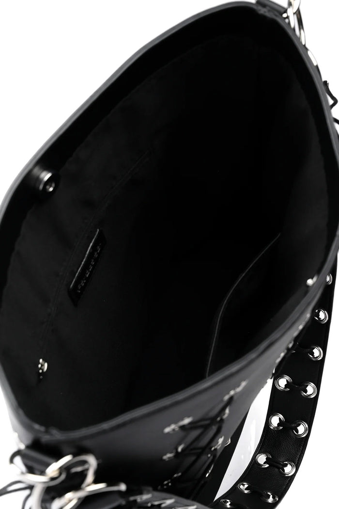 Black studded oversized bucket bag with lace up details on a white background