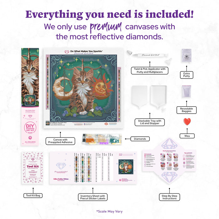 Diamond Painting Libra Zodiac Kitten 17" x 17" (42.7cm x 42.7cm) / Round with 52 Colors including 1 AB and 1 Iridescent DIamond and 4 Fairy Dust Diamonds / 24,025