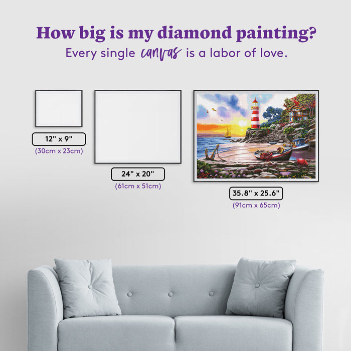 Diamond Painting Lighthouse & Boat 35.8" x 25.6" (91cm x 65cm) / Square with 67 Colors including 5 ABs / 95,265