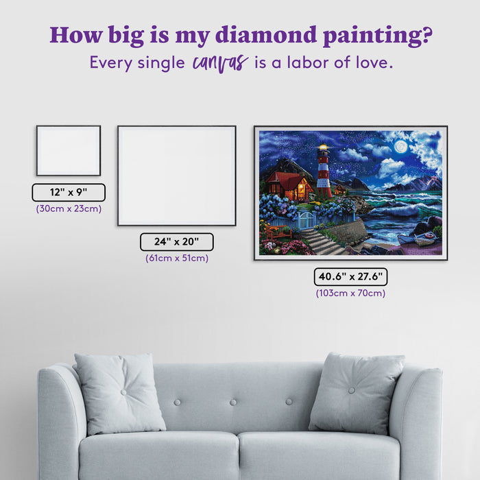 Diamond Painting Lighthouse in the Night 40.6" x 27.6" (103cm x 70cm) / Square with 72 Colors including 4 ABs and 3 Fairy Dust Diamonds / 116,053