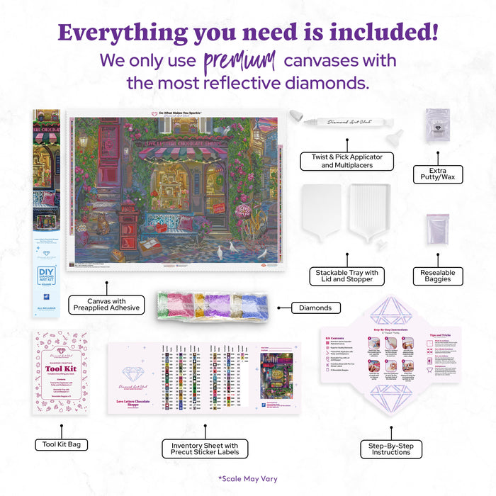 Diamond Painting Love Letters Chocolate Shoppe 38.6" x 27.6" (97.8cm x 69.9cm) / Square With 87 Colors Including 2 ABs and 1 Special Diamond and 6 Fairy Dust Diamonds / 110,433