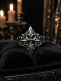 Gothic 925 sterling silver lozenge shield ring — heraldic diamond silhouette with sovereign cross front view