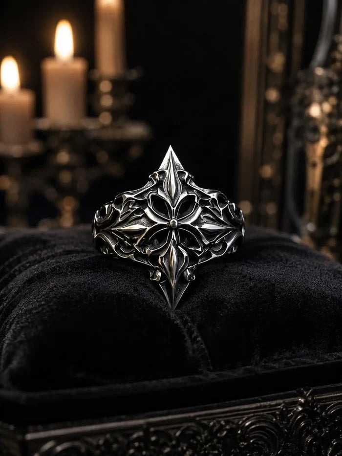 Gothic 925 sterling silver lozenge shield ring — heraldic diamond silhouette with sovereign cross front view