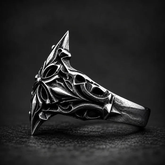 Gothic shield ring side view — artisan hand-oxidized openwork filigree and burnished silver ridges