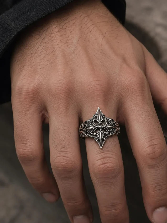 Hand wearing gothic lozenge shield ring — mens gothic heraldic ring in 925 sterling silver, sizes up to 13