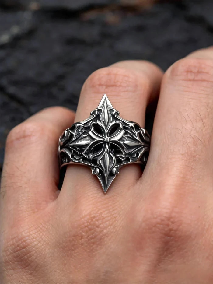 Hand wearing gothic lozenge shield ring — mens gothic heraldic ring in 925 sterling silver, sizes up to 13