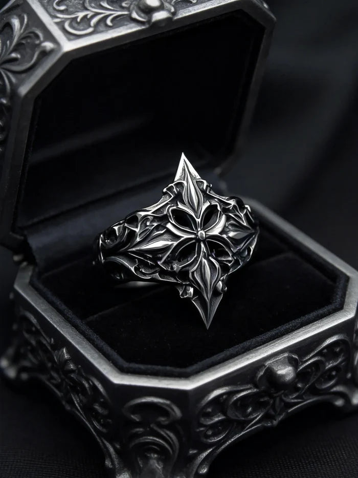Gothic lozenge shield ring as alternative wedding ring — Dark Academia heraldic band in handcrafted silver