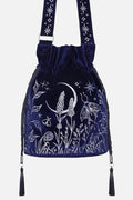dark blue velvet embroidered moon and moth shoulder bag