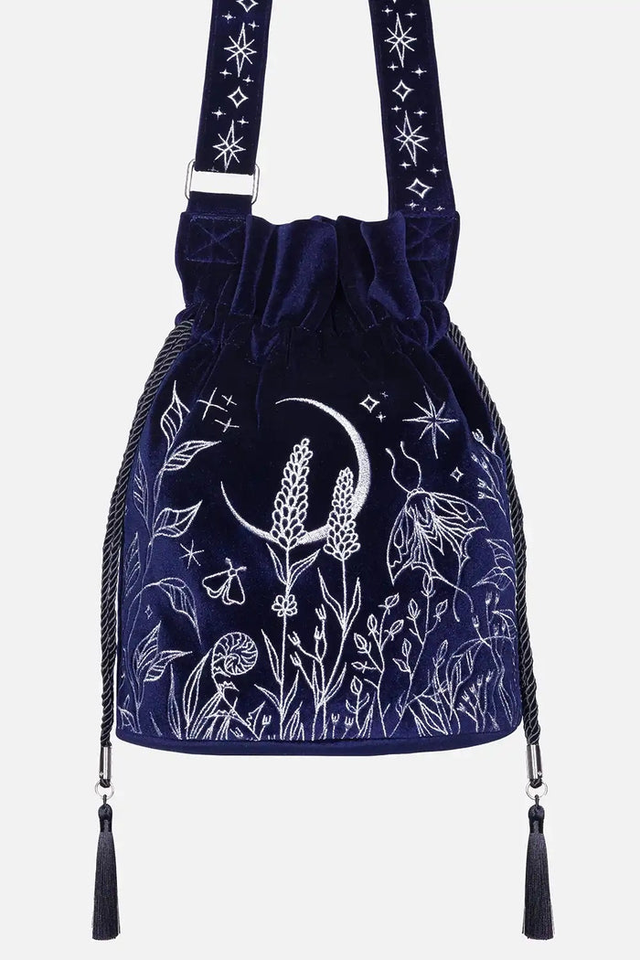 dark blue velvet embroidered moon and moth shoulder bag
