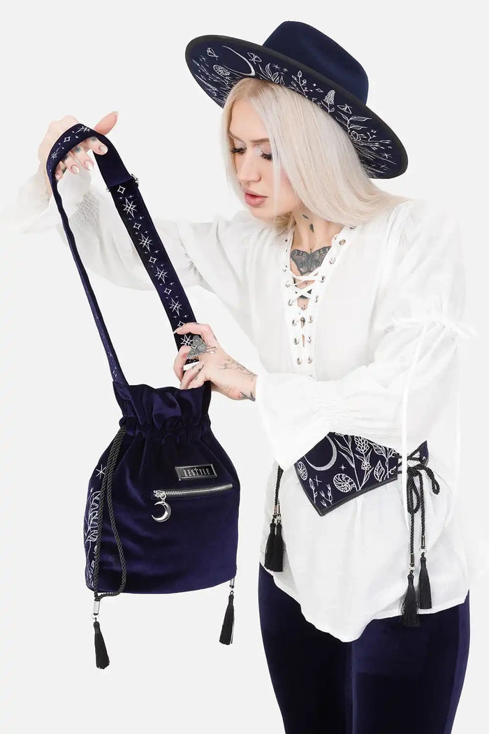 whimsigoth dark blue velvet embroidered moon and moth shoulder bag