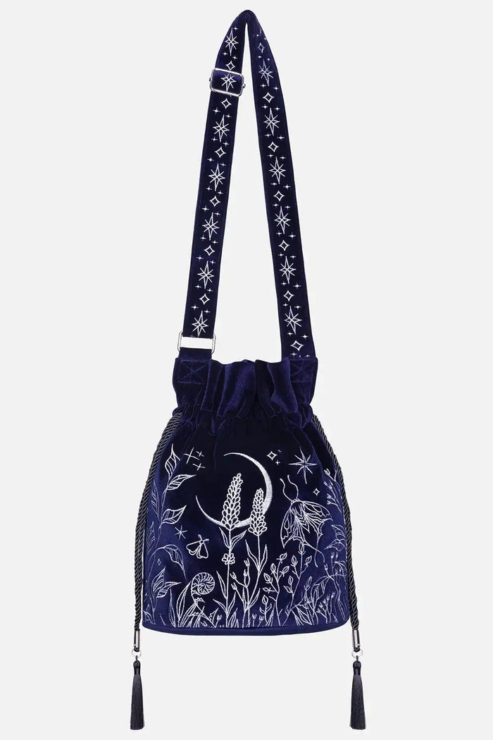 dark blue velvet embroidered moon and moth shoulder bag with drawstring close