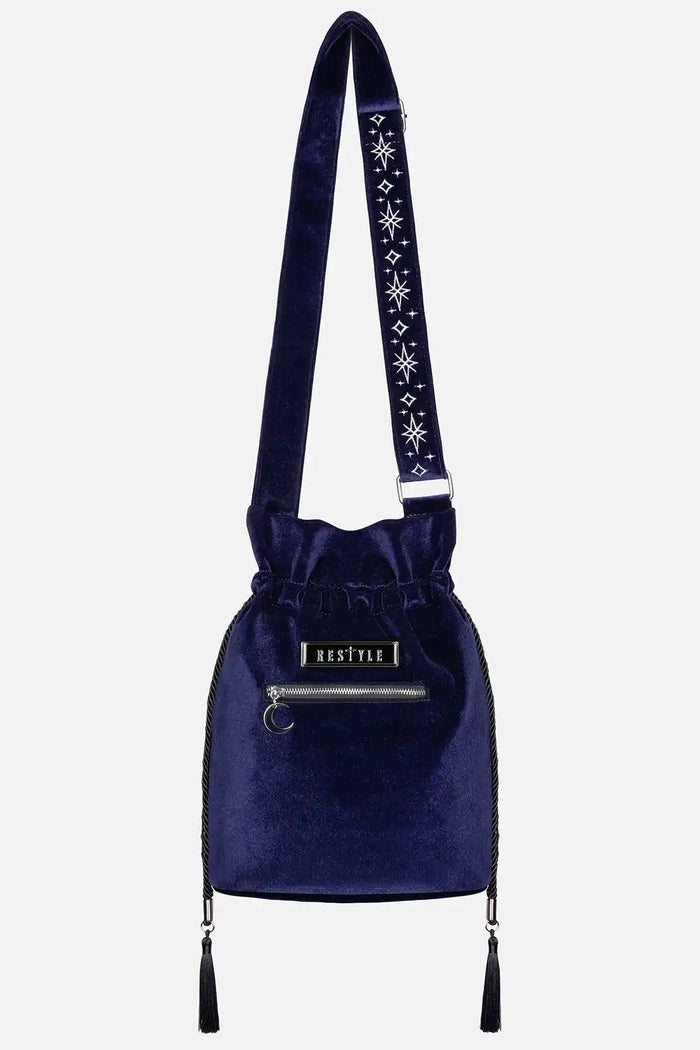 dark blue velvet embroidered moon and moth shoulder bag with embroidered shoulder strap
