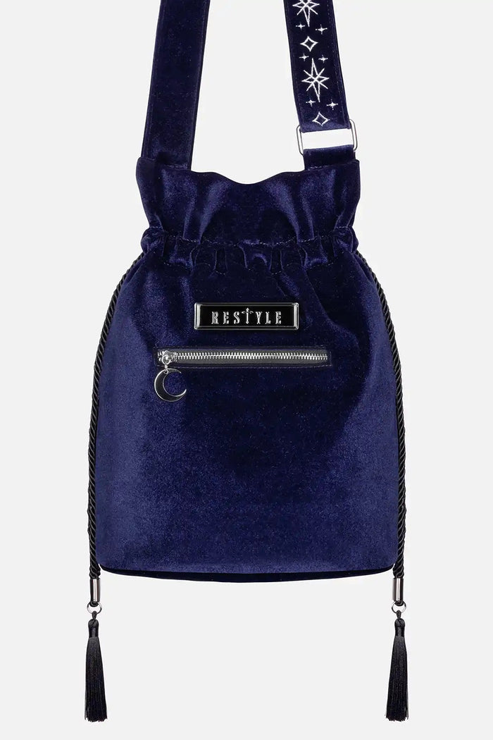 restyle dark blue velvet embroidered moon and moth shoulder bag with embroidered shoulder strap