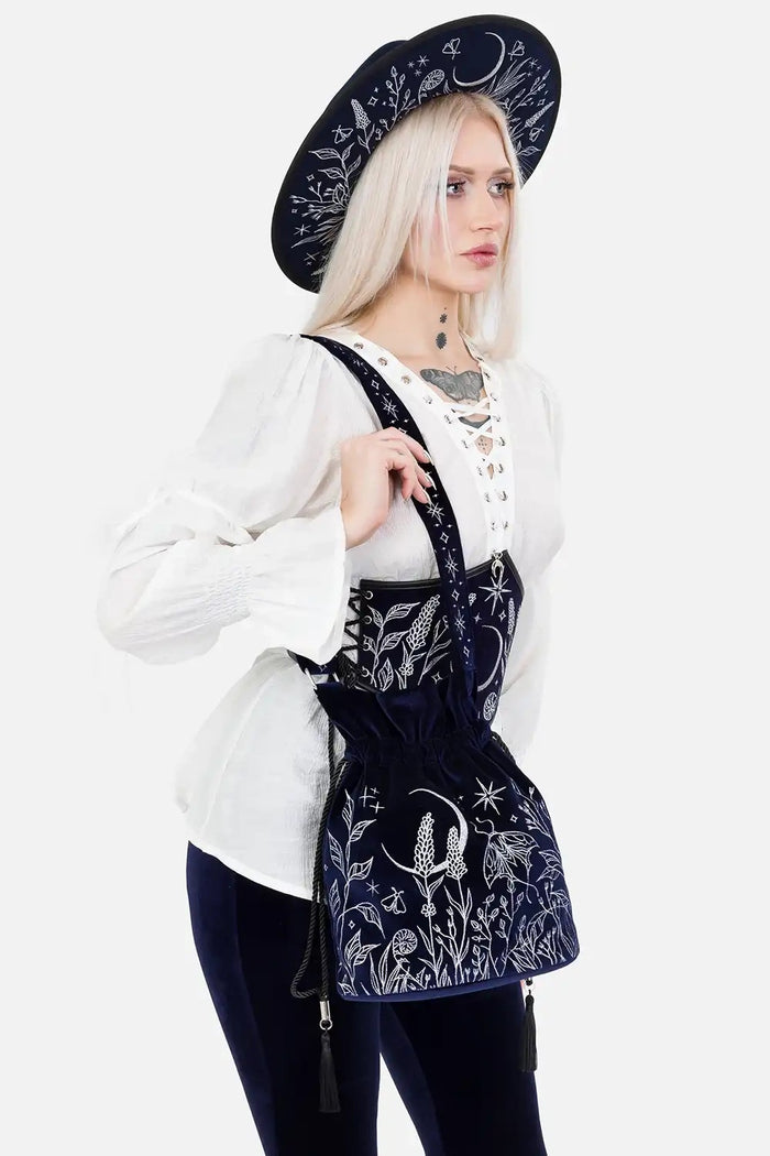 drawstring dark blue velvet embroidered moon and moth shoulder bag with embroidered shoulder strap