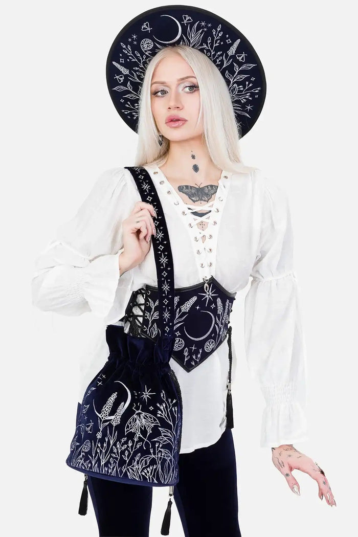 dark blue velvet embroidered moon and moth shoulder bag with embroidered shoulder strap by restyle