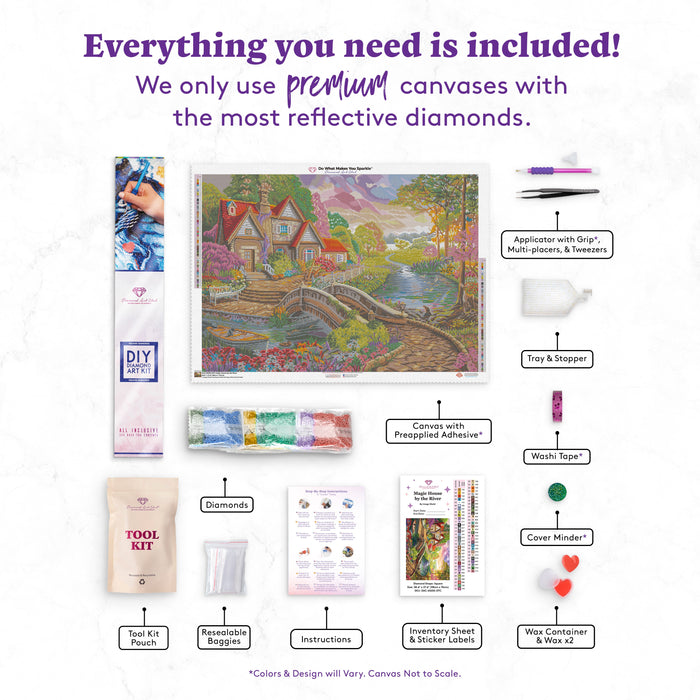 Diamond Painting Magic House by the River 38.6" x 27.6" (98cm x 70cm) / Square with 51 Colors including 5 ABs and 2 Fairy Dust Diamonds / 110,433